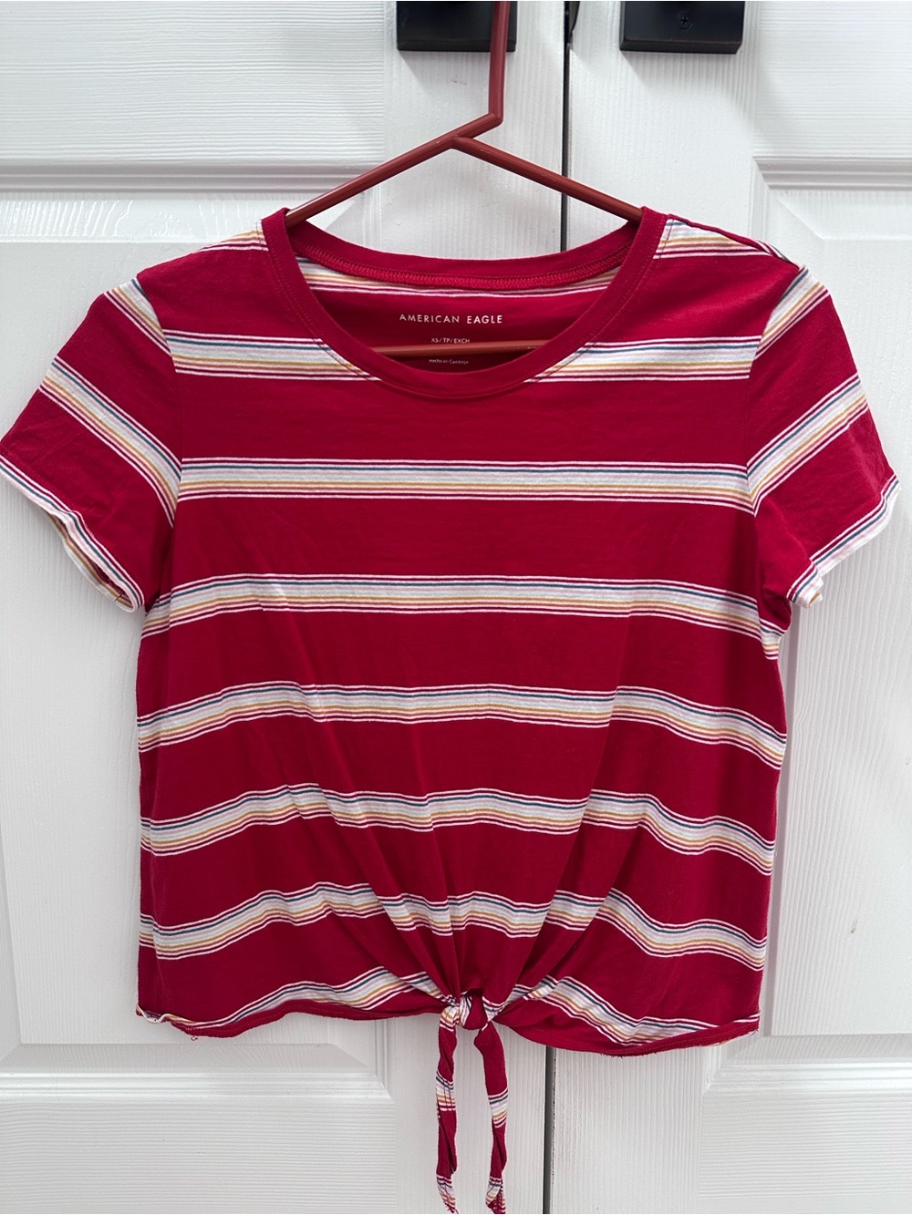American Eagle Outfitters Red Striped Tie-Front Crop Tee